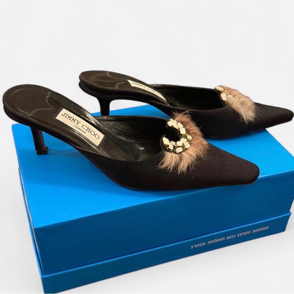 Rare Jimmy Choo ‘Ronnie’ Black Leather Embellished Kitten Heel Mules